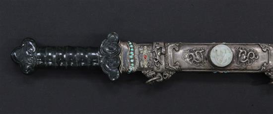 A Chinese jadeite, coral and hardstone mounted silver sword, early 20th century, total length 90cm.